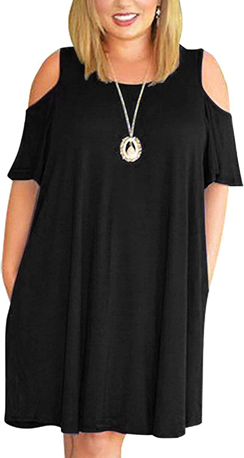 Women Plus Size Dresses Short Sleeve Cold Shoulder Casual T-Shirt Swing Dress with Pockets
