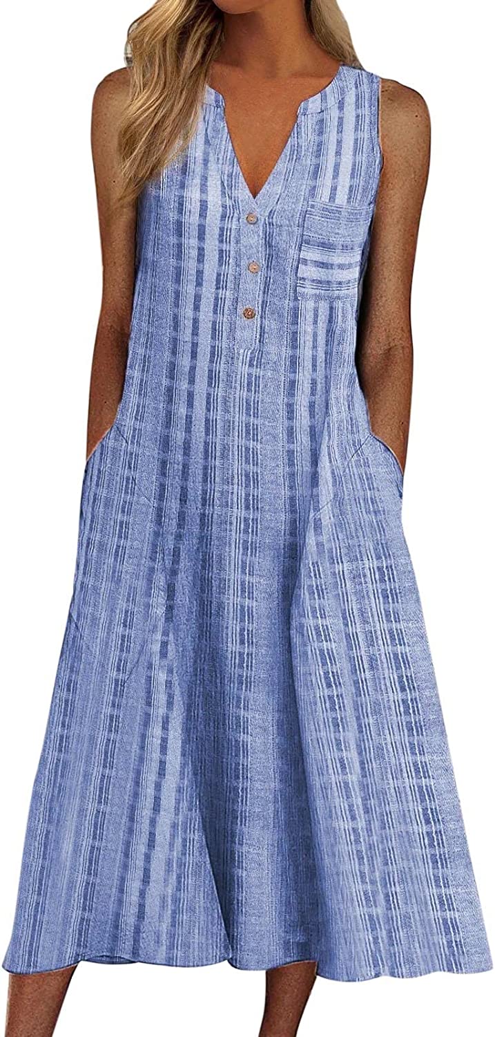 Women Casual Summer Stripe Button V Neck Sleeveless Pocket Long Dress Holiday Dress Floral Beach Party Sundress Midi Dress