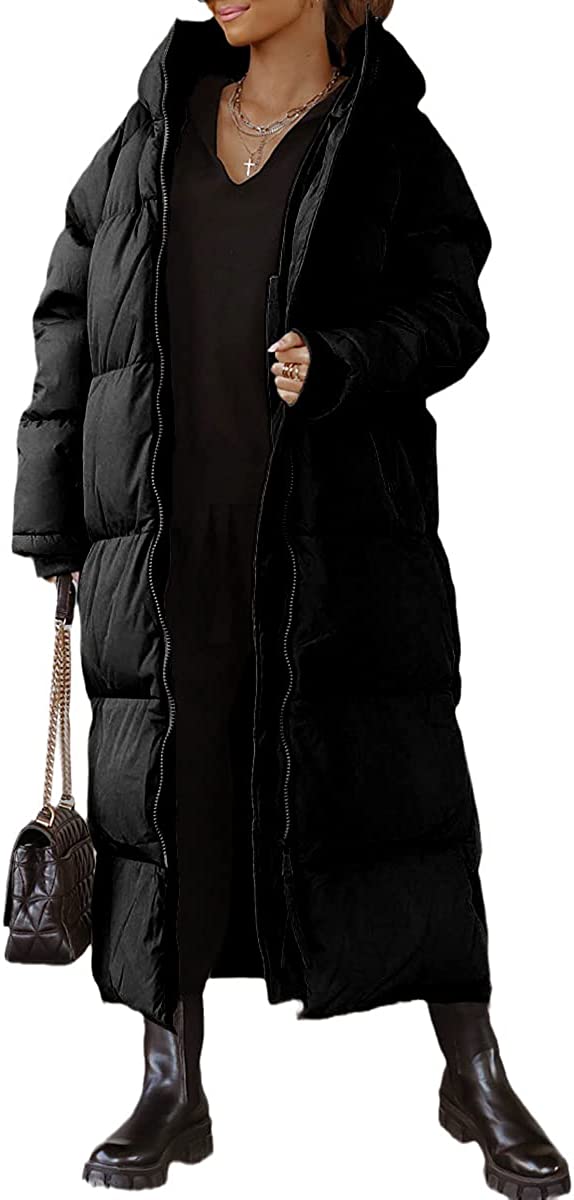Women Long Quilted Coat Hooded Maxi Length Long Sleeve Puffer Jacket Padded Coat Winter Outerwear