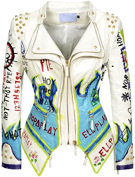 LY Women's Faux Leather Textured Hand Painted Graffiti Studded Rivet Moto Lady Fit Jacket Zip-up Slim PU Biker Coat
