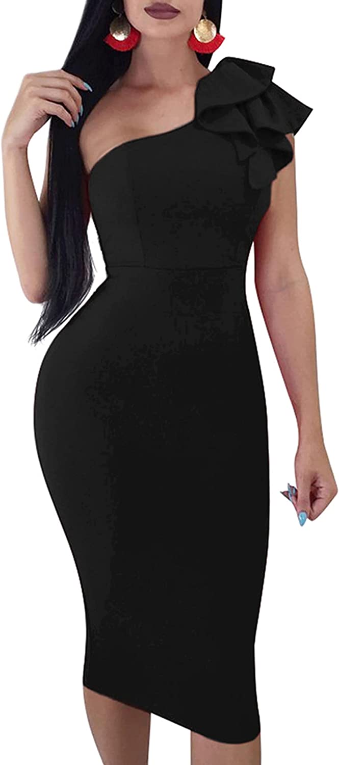 Women's Sexy Ruffle One Shoulder Sleeveless Bodycon Party Club Midi Dress