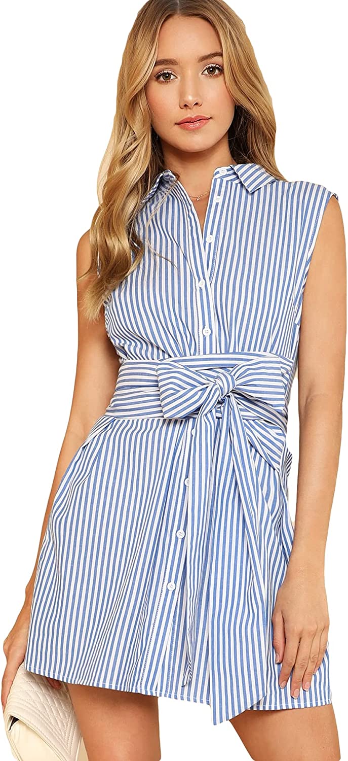 Women's Cute Striped Belted Button up Collar Summer Short Shirt Dress