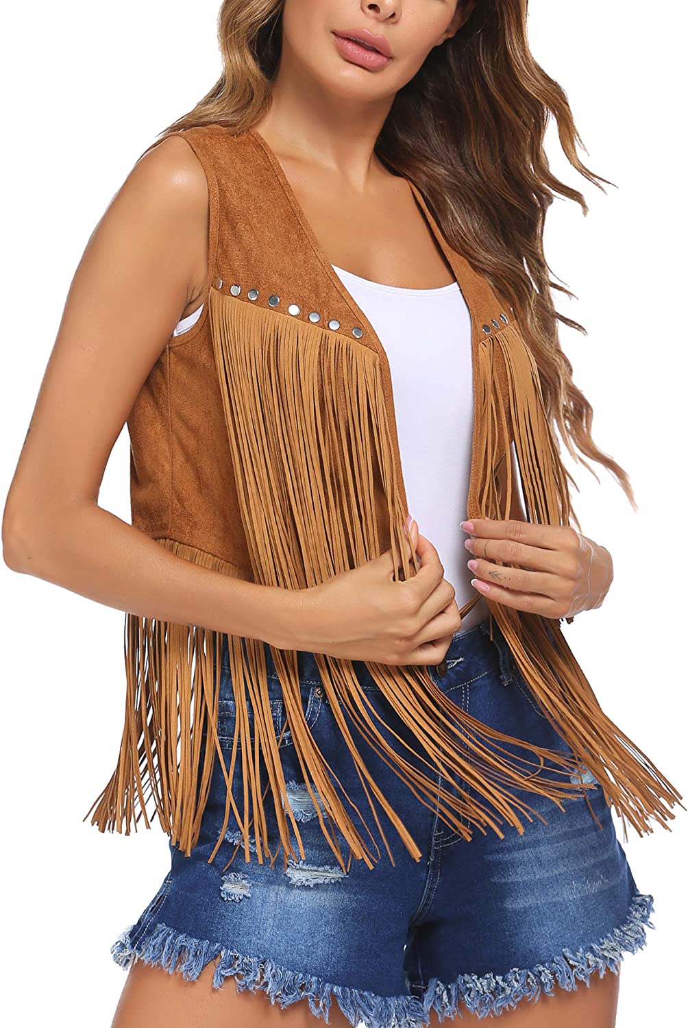 HOTLOOX Women Tassel Vest 70s Hippie Faux Suede Rivets Sleeveless Fringe Jacket S-XXL