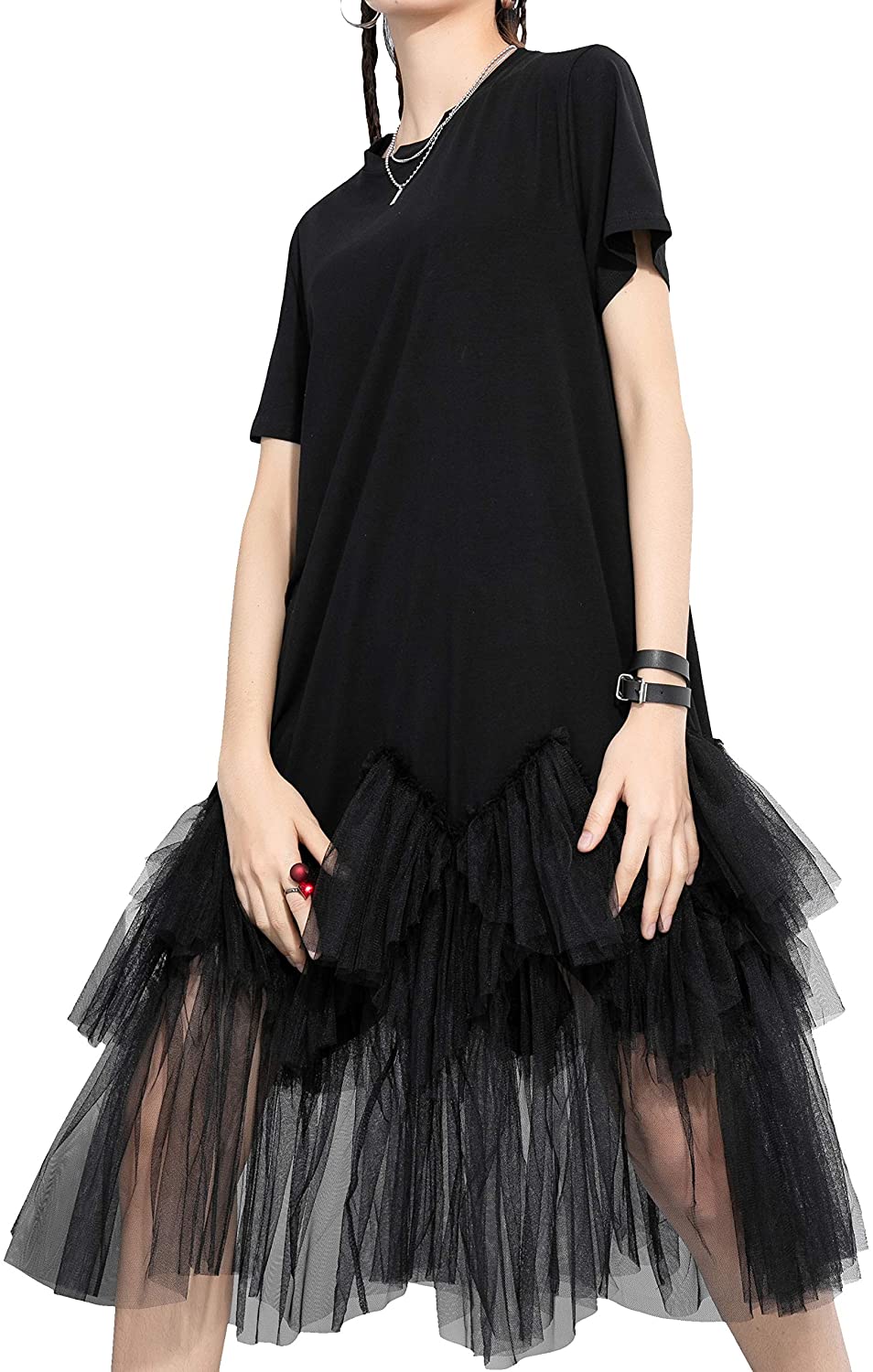 Women Short Sleeve Casual Creweck Tulle Dress Oversized Dresses GY2266