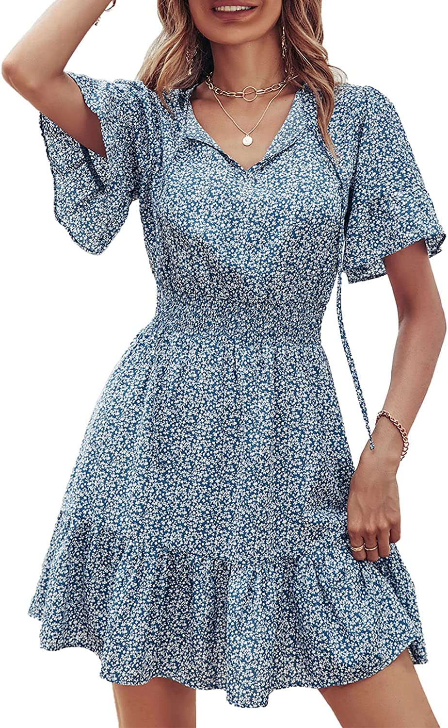 Women's Summer Boho Short Dresses Floral Print Tie Neck Short Sleeve Elastic High Waist Ruffle Mini Skater Dress