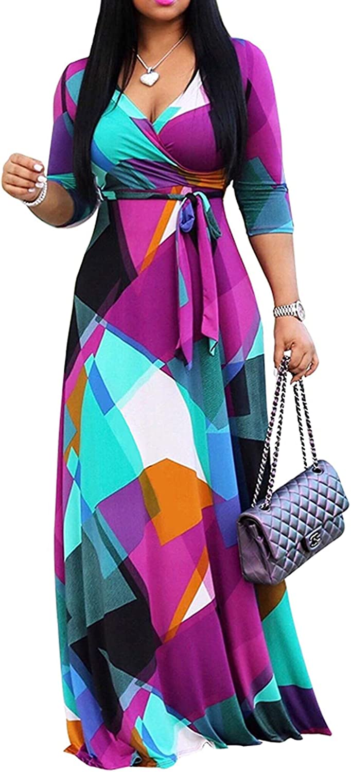 Plus Size Maxi Dress for Women Casual Summer Sundress V-Neck 3/4 Sleeve
