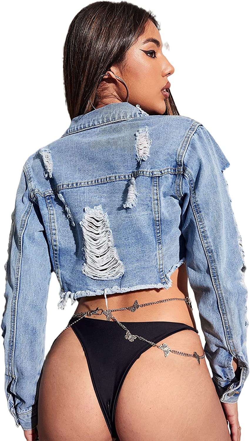 SheIn Women's Vintage Frayed Raw Hem Ripped Long Sleeve Crop Denim Jacket