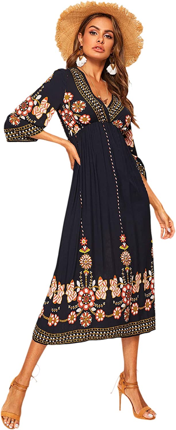Women's Floral Print Deep V Neck 3/4 Sleeve A-Line Bohemian Tribal Boho Midi Dress
