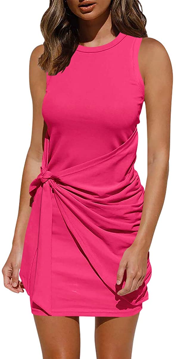 Women's Summer Dress Casual Sleeveless Tank Dress Crewneck Ruched Tie Waist Mini Dresses
