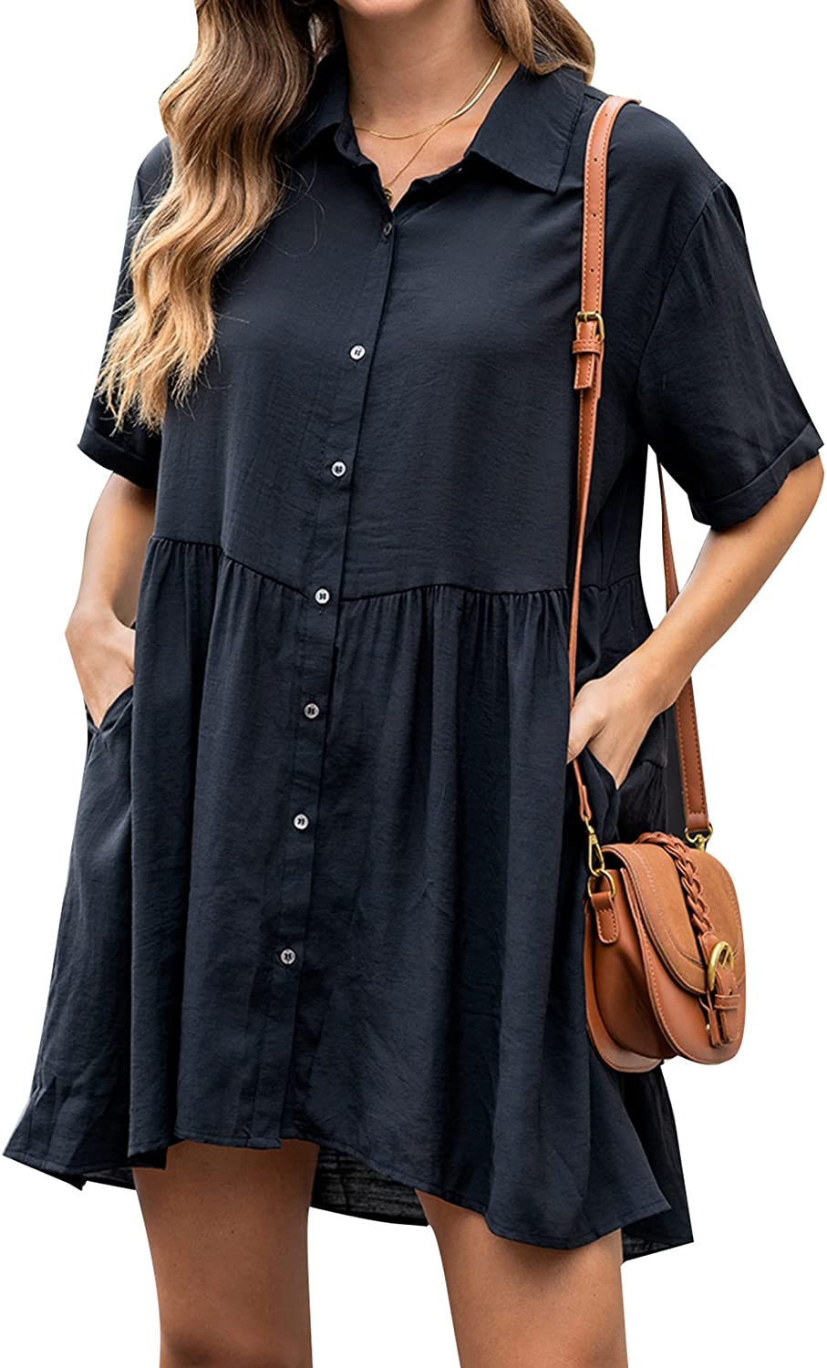 Womens Flowy Casual Dress Button Down Shirt Babydoll Dresses V Neck Pleated Shift Dress with Pockets