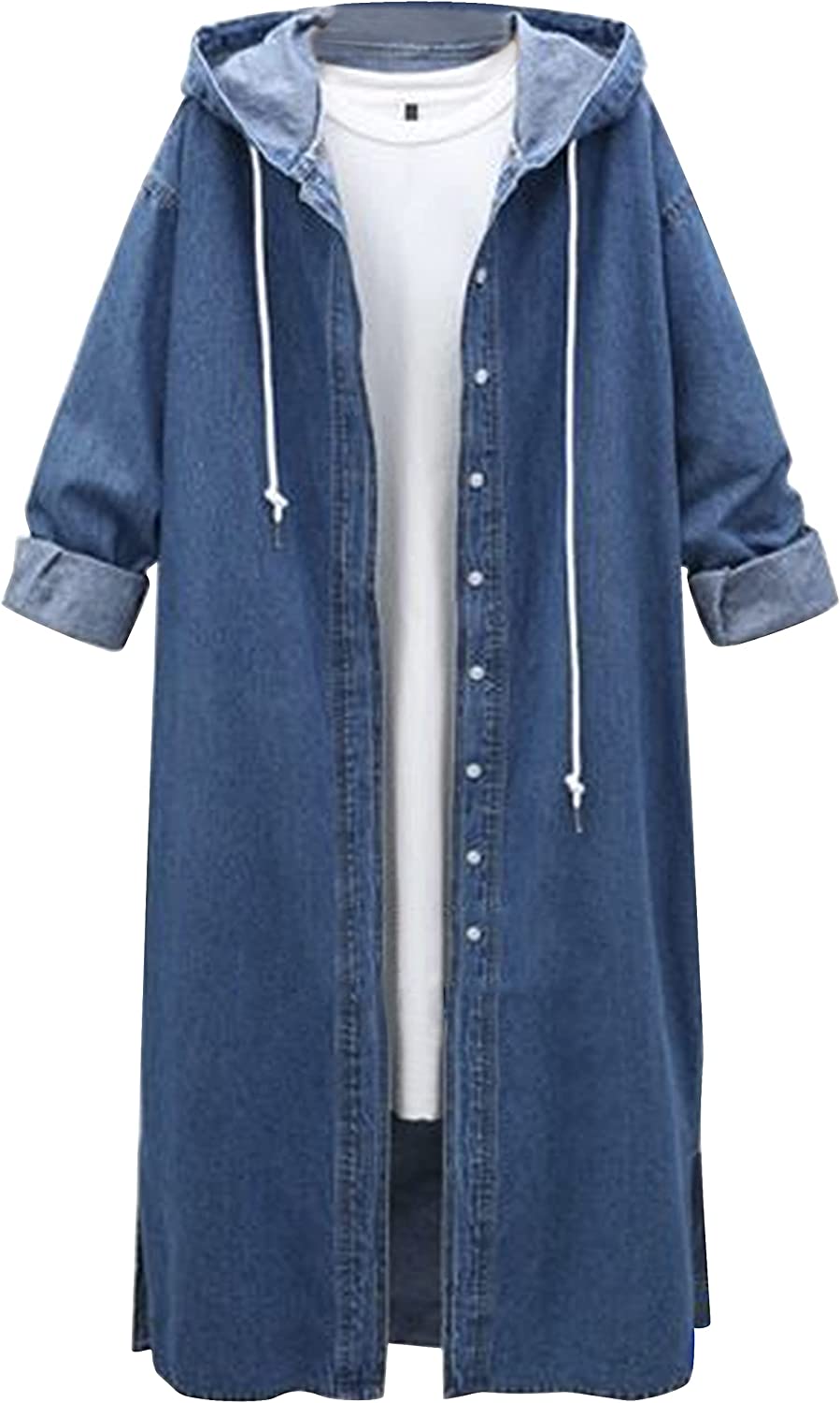 Yeokou Womens Long Denim Jacket Oversized Drawstring Hooded Midi Jean Jacket