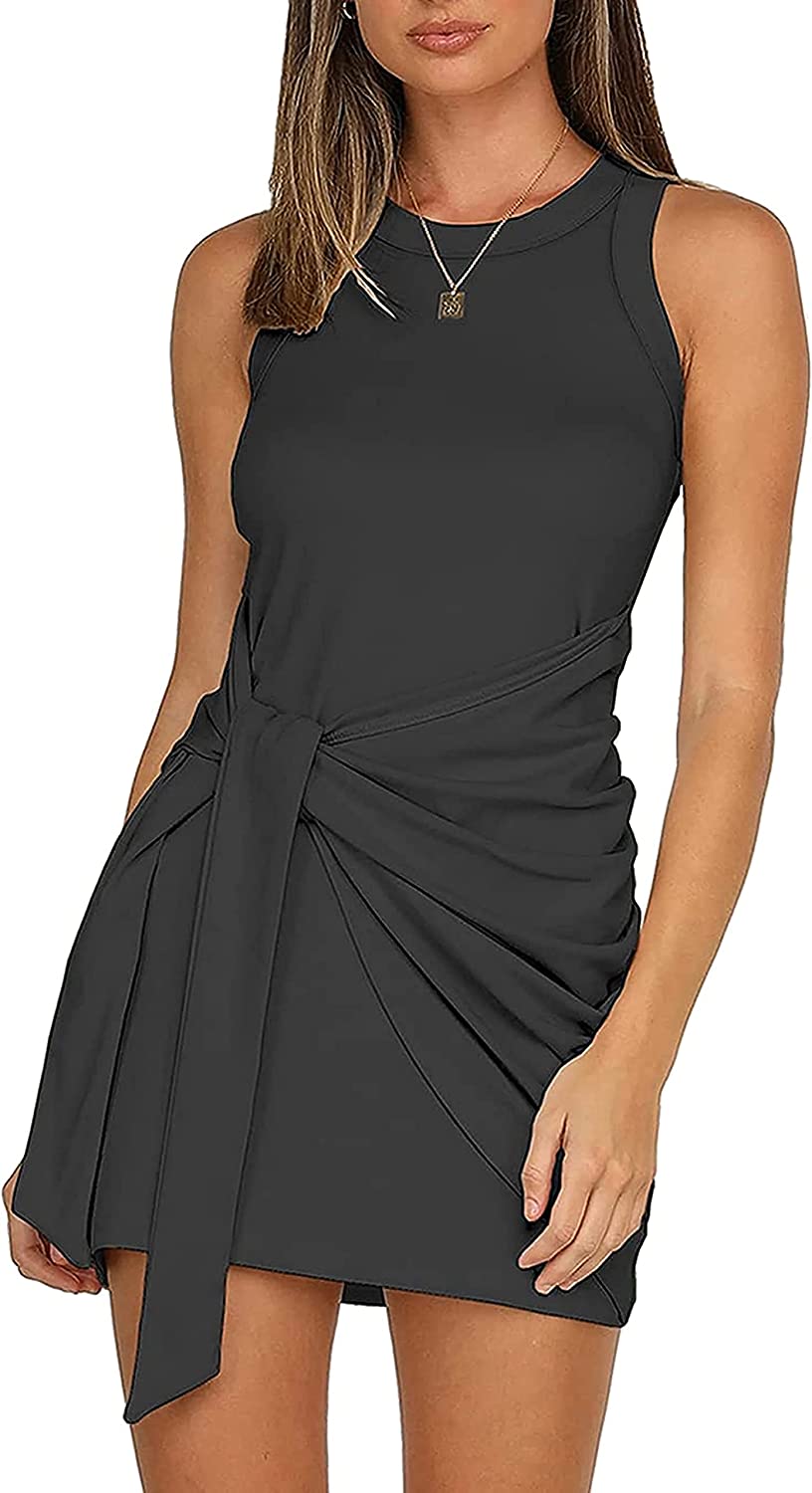 Women's Summer Casual Beach Dress Sleeveless Ruched Tie Tank Bodycon Wrap Mini Dresses