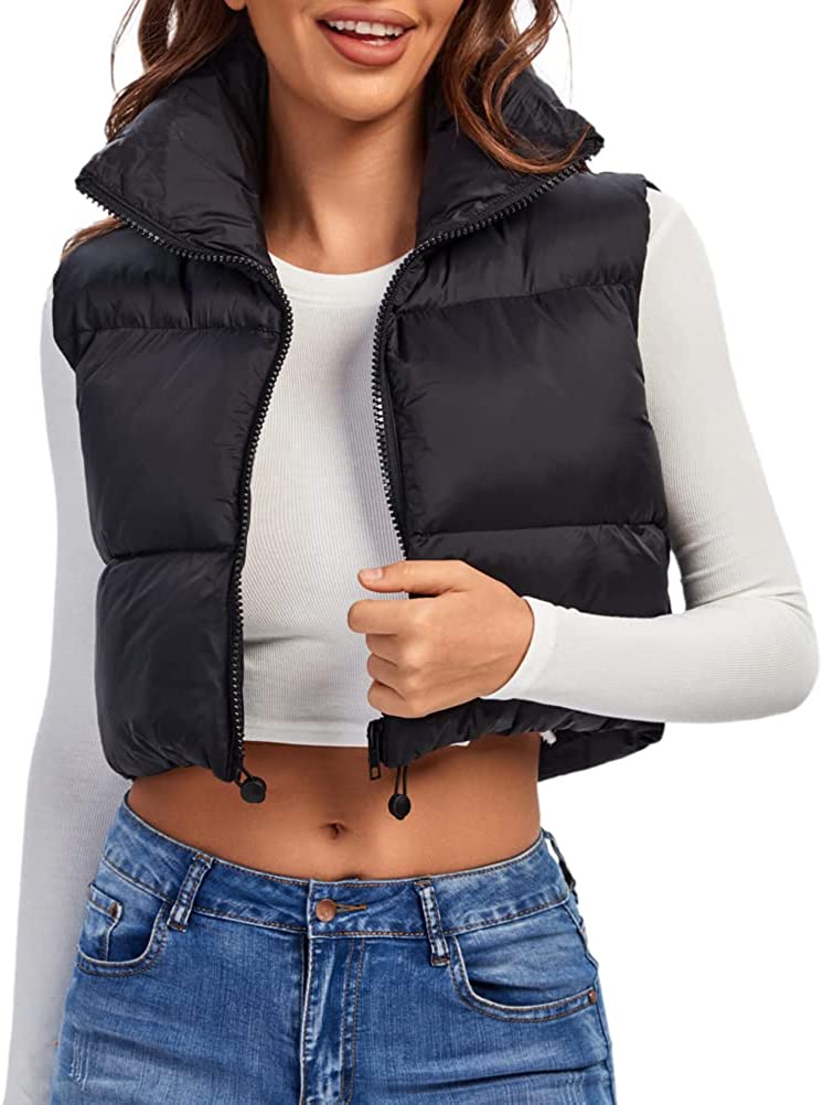 Fuinloth Women's Padded Vest, High Stand Collar Lightweight Zip Crop Puffer Gilet