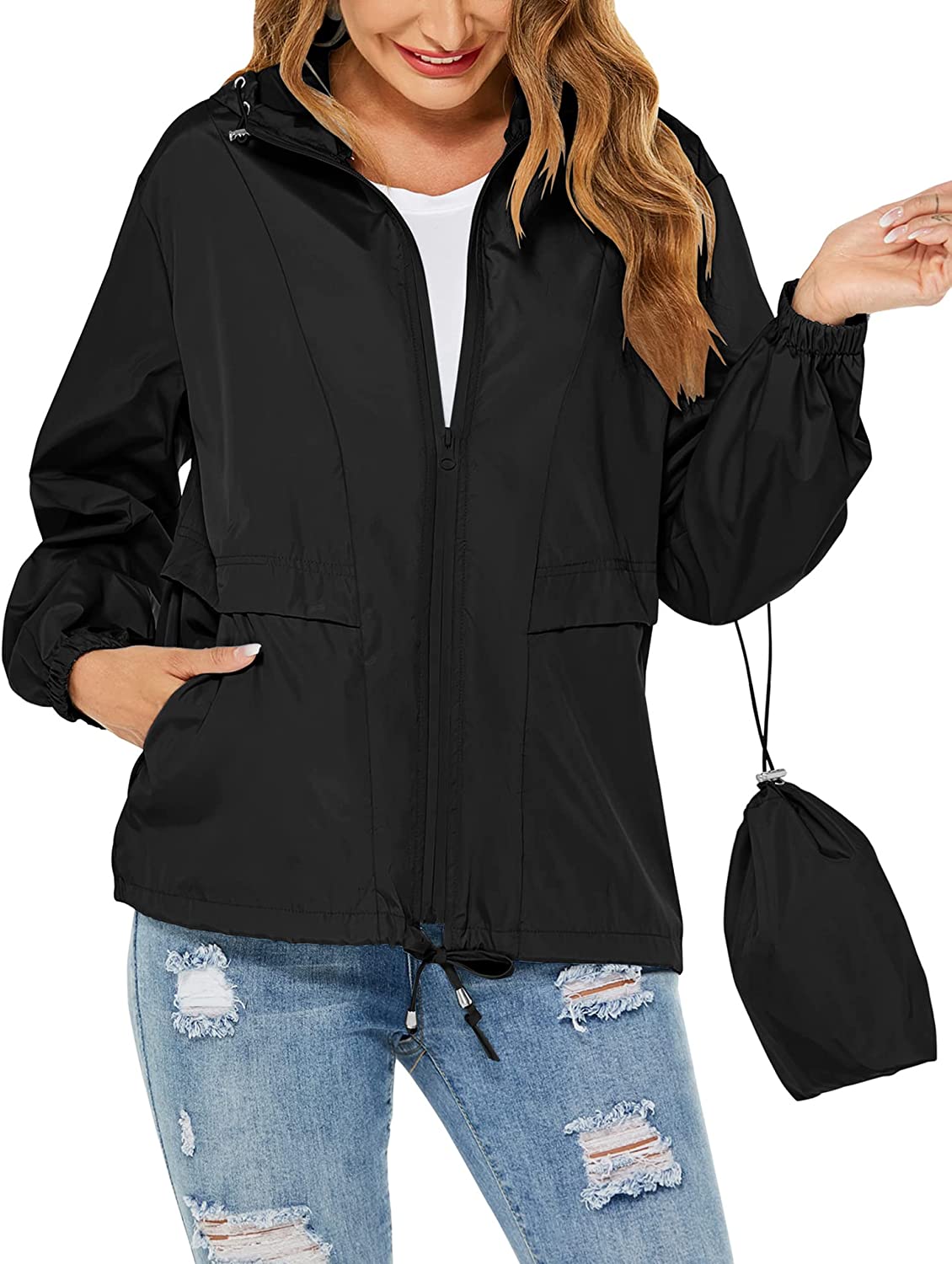 Avoogue Rain Jacket Womens Lightweight Waterproof Raincoat Packable Hooded Rain Coat Windbreaker with Zipper Pockets
