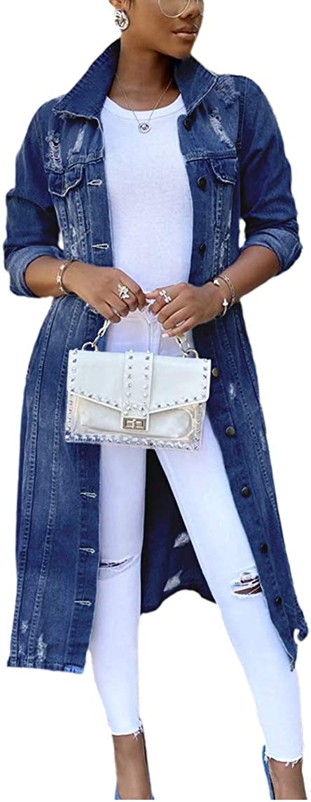 chouyatou Women's Distressed Hole Over Knee Midi Long Denim Jacket Trench Coat