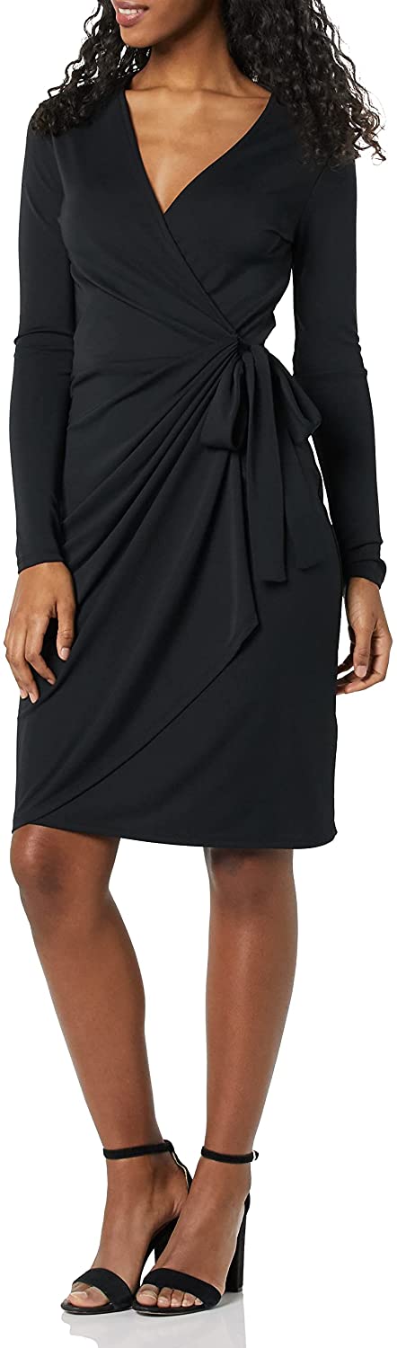 Women's Long Sleeve Classic Wrap Dress (Available in Plus Size), Black, Medium
