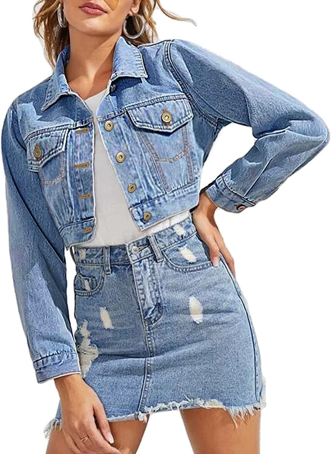 Grabsa Women's Button Down Long Sleeve Cropped Denim Jean Jacket with Pockets