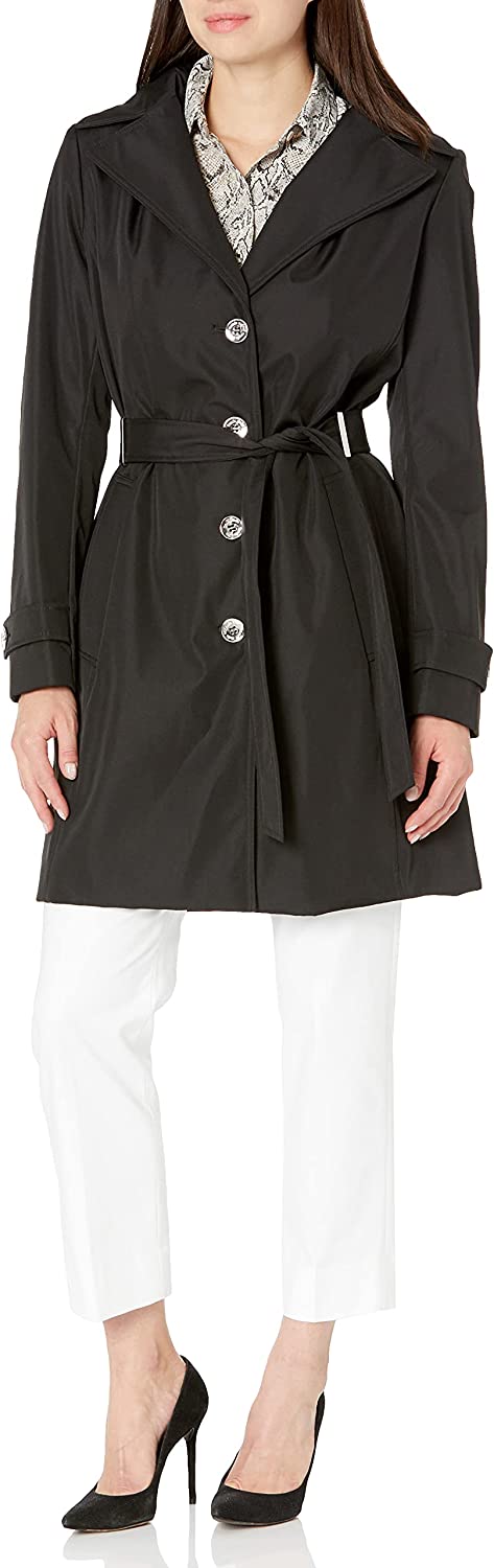 Calvin Klein Women's Single Breasted Belted Rain Jacket with Removable Hood