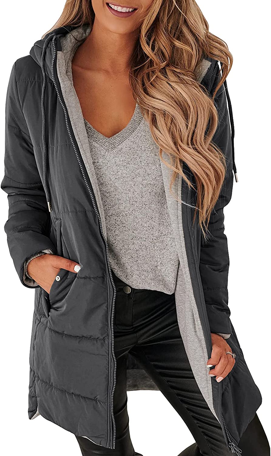 Womens Warm Puffer Down Jacket Hooded Winter Lightweight Mid Quilted Coat with Pockets