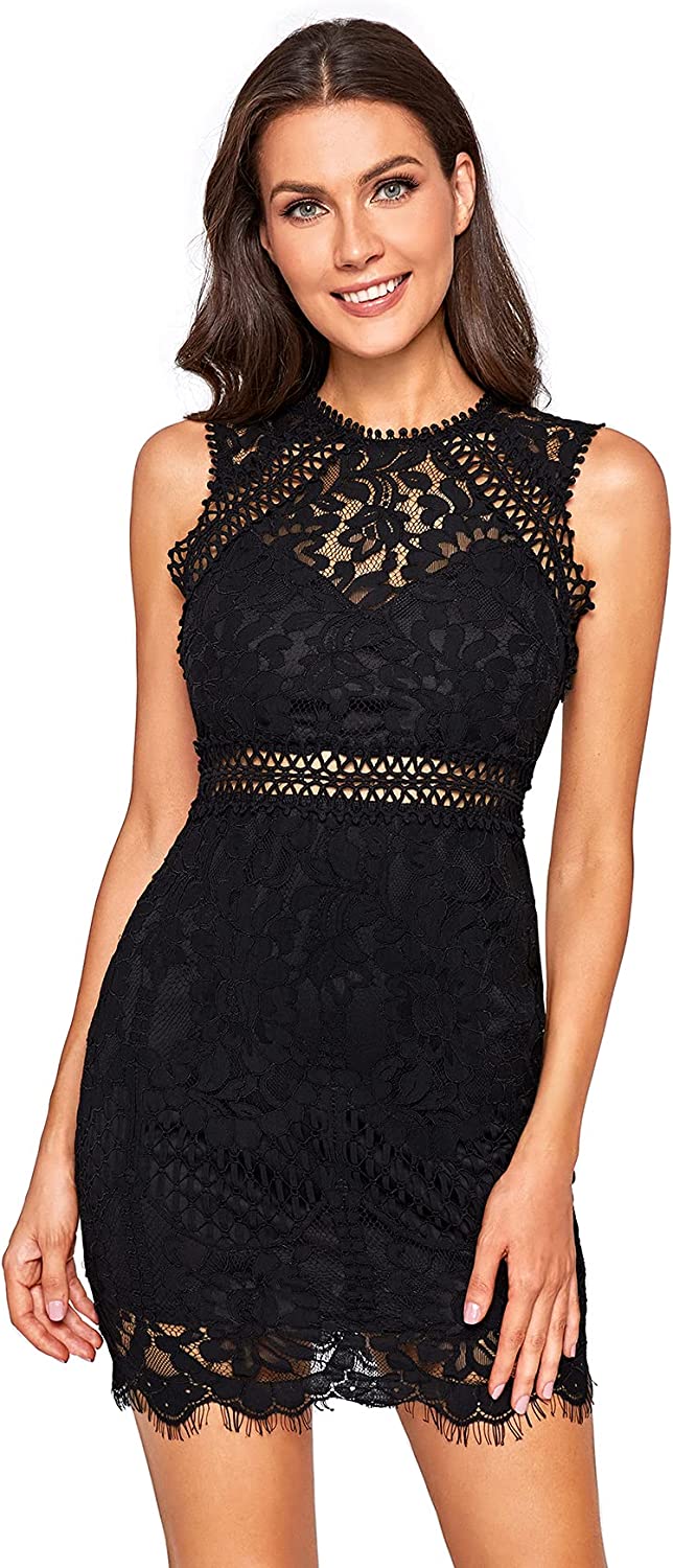 Women's Sleeveless Scalloped Hem Fitted Floral Lace Bodycon Dress