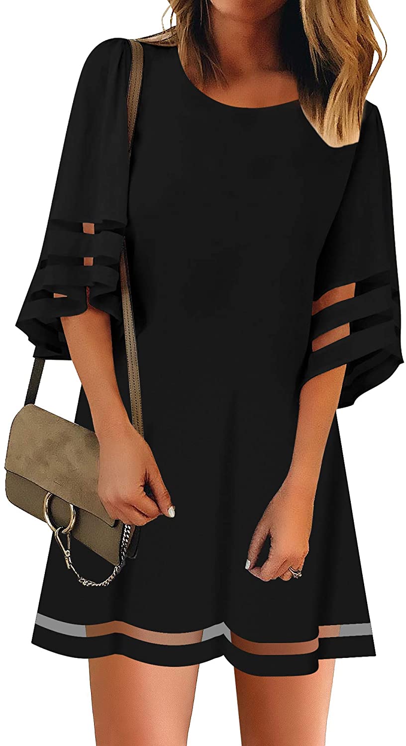 Women Casual Crewneck Mesh Panel 3/4 Bell Sleeve Loose Tunic Dress