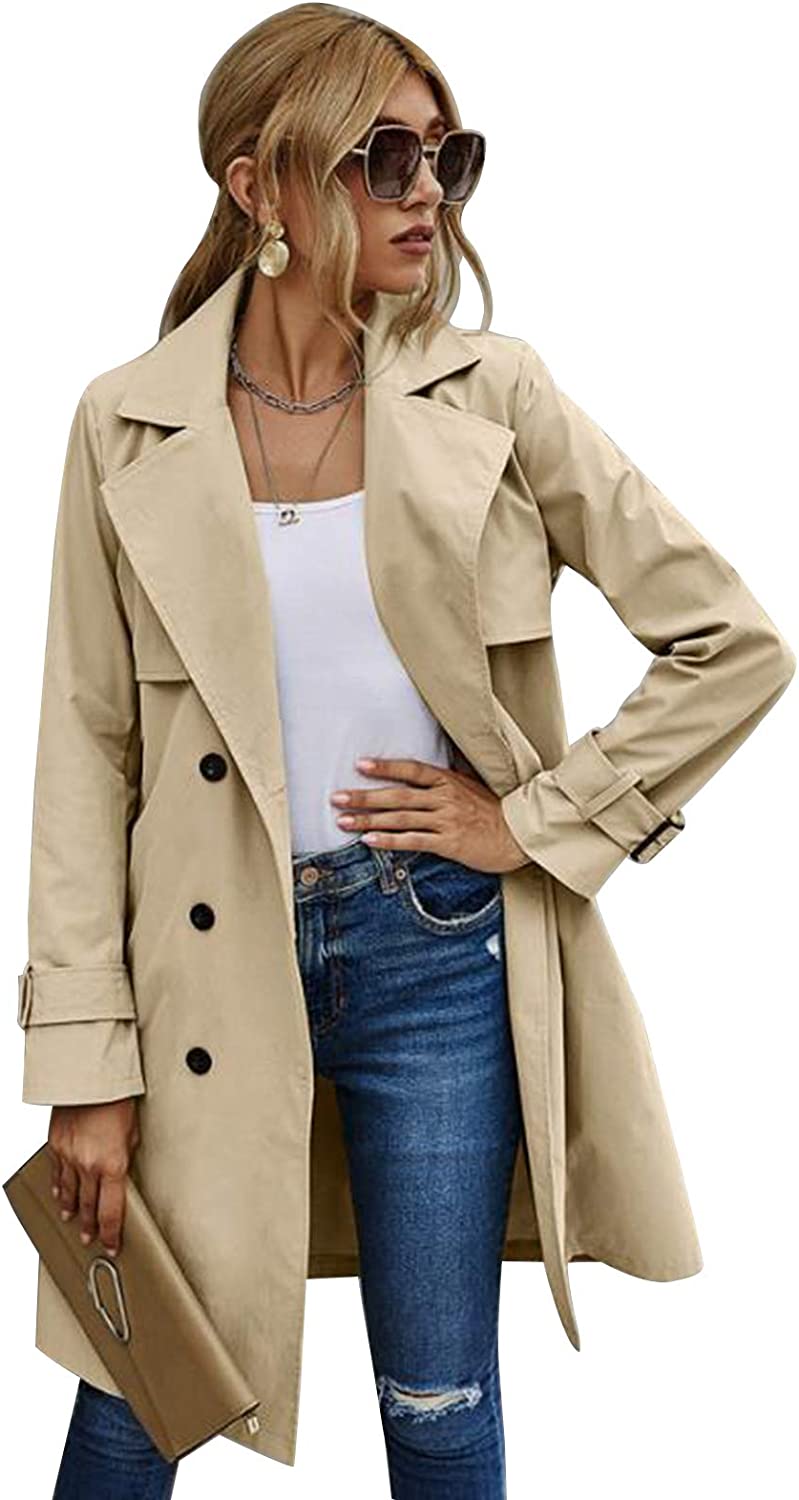 MIEAHORY Women Solid Color Jacket, Adults Long Sleeve Lapel Double Breasted Belted Trench Coat