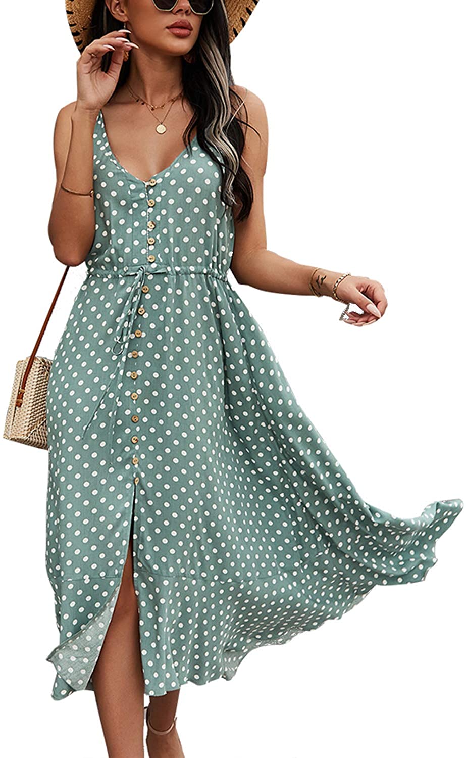 Women's Summer Casual Boho Sundress Polka Dot Sundress Spaghetti Strap V-Neck Flowy Midi Dresses
