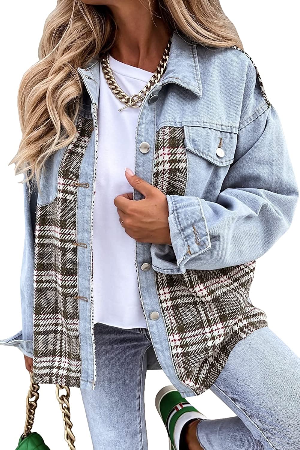 SHEWIN Women's Denim Jacket Long Sleeve Plaid Button Down Shirts Shacket Jacket