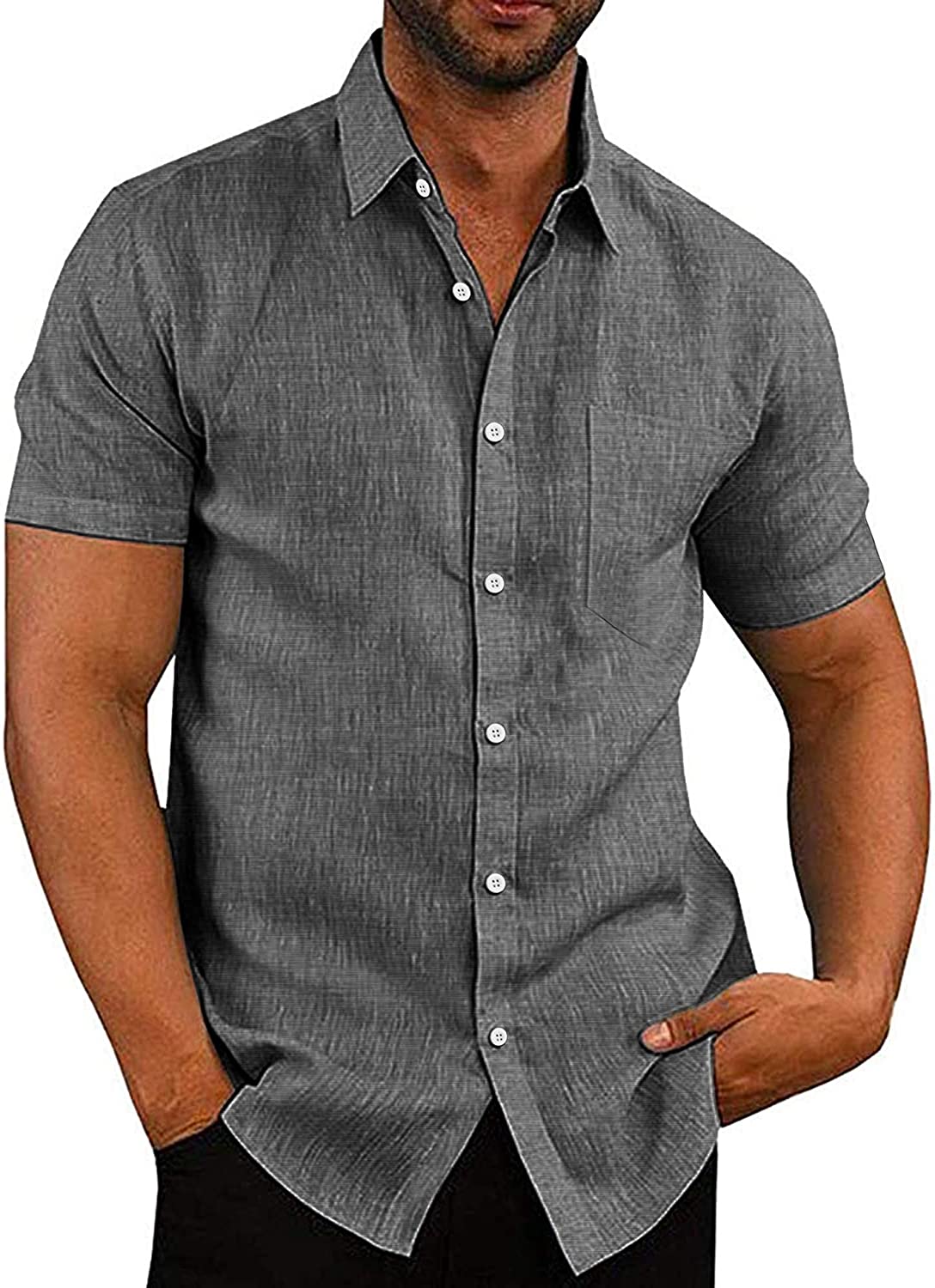 COOFANDY Men's Casual Linen Button Down Shirt Short Sleeve Beach Shirt
