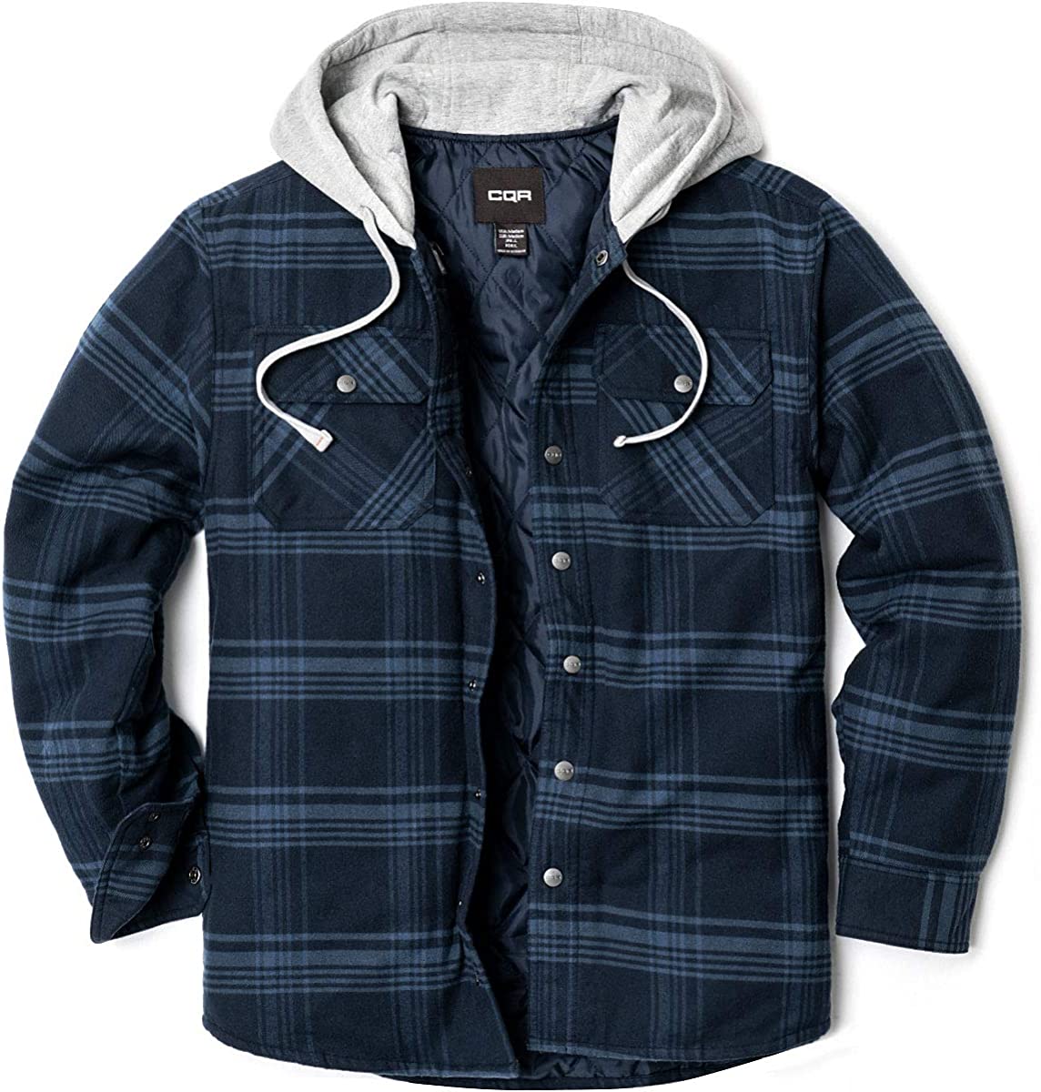 CQR Men's Hooded Quilted Lined Flannel Shirt Jacket, Long Sleeve Plaid Button Up Jackets