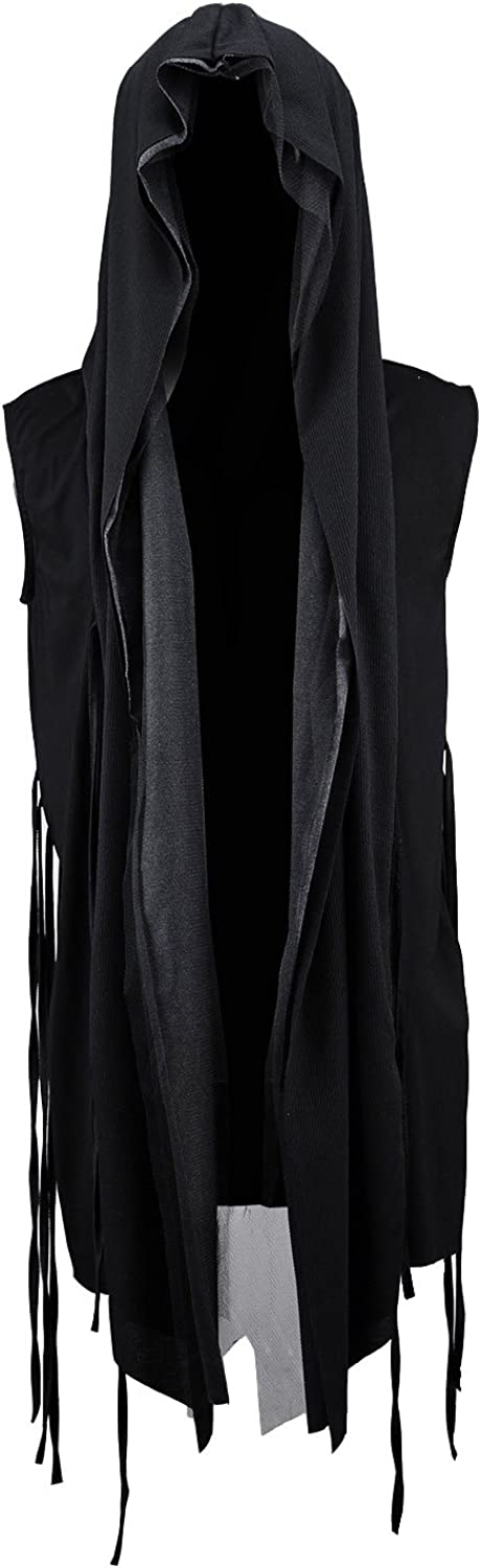 ByTheR Cloak with Hood Mens Sleeveless Mesh Layered Cut Off Open Vest Dark Goth Cardigan Black