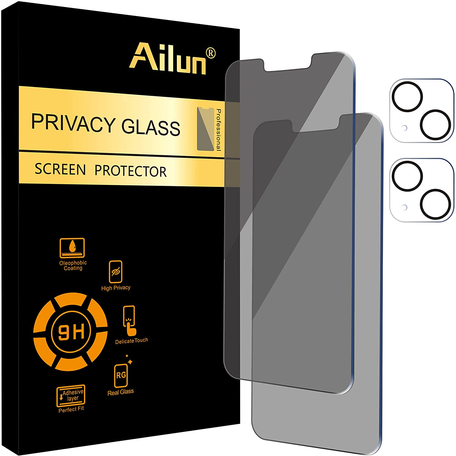 Ailun 2Pack Privacy Screen Protector Compatible for iPhone 13[6.1 inch] + 2 Pack Camera Lens Protector, Anti Spy Private Tempered Glass Film,[9H Hardness] - HD [Black]