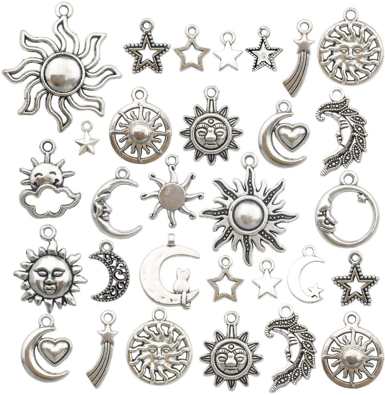 100g(80pcs) Craft Supplies Mixed Antique Silver Sun Moon Stars Charms Pendants for Crafting, Jewelry Findings Making Accessory for DIY Necklace Bracelet (M250)