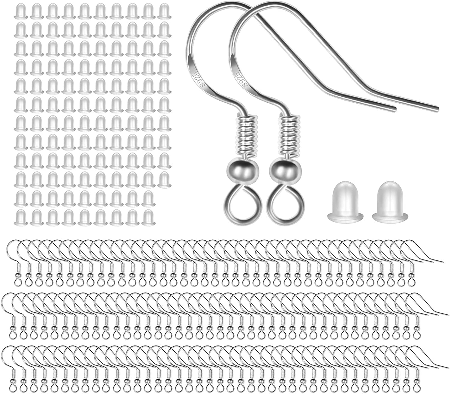 925 Sterling Silver Earring Hooks 120 PCS/60 Pairs, Ear Wires Fish Hooks, Hypo-allergenic Jewelry Findings Parts with 120 PCS Clear Silicone Earring Backs Stoppers for DIY Jewelry Making