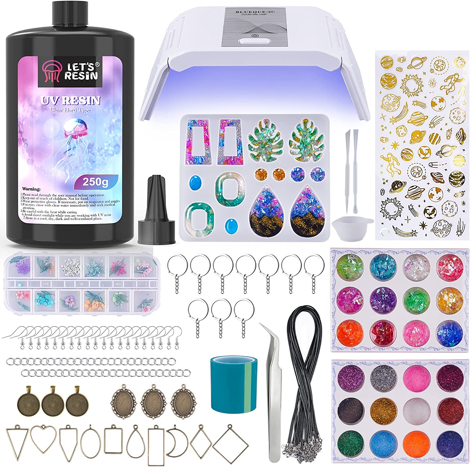 LET'S RESIN UV Resin Kit with Light,153Pcs Resin Jewelry Making Kit with 250g Crystal Clear Low Odor UV Resin, UV Lamp, Resin Accessories, Epoxy Resin Starter Kit for Keychain, Jewelry, Home Decor