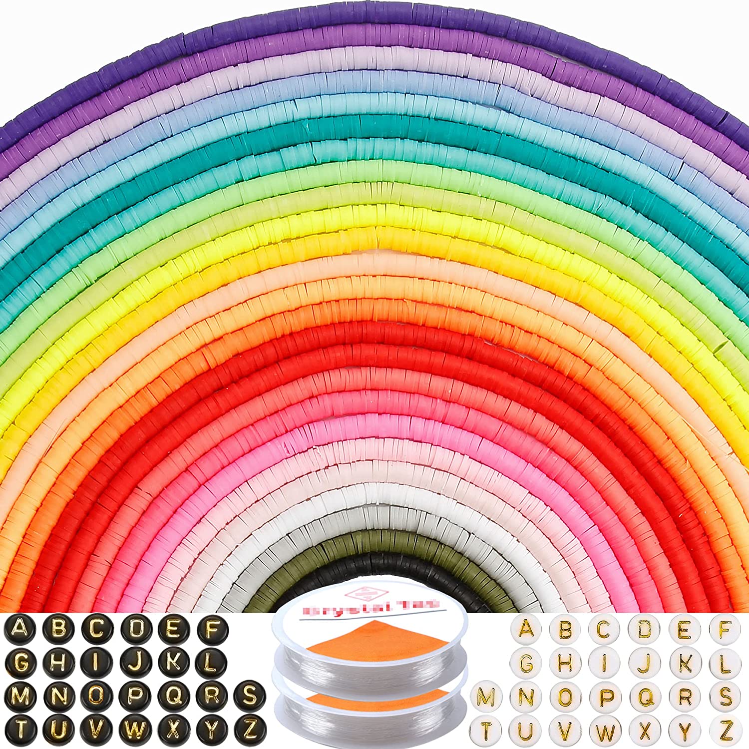 12000pcs 25 Colors Flat Clay Heishi Beads, Craft kit for Girls, Including200 Pcs Letter Beads Jump Rings 2 Roll Crystal Strings for DIY Jewelry Making Bracelets Necklace Earring Making Supplies