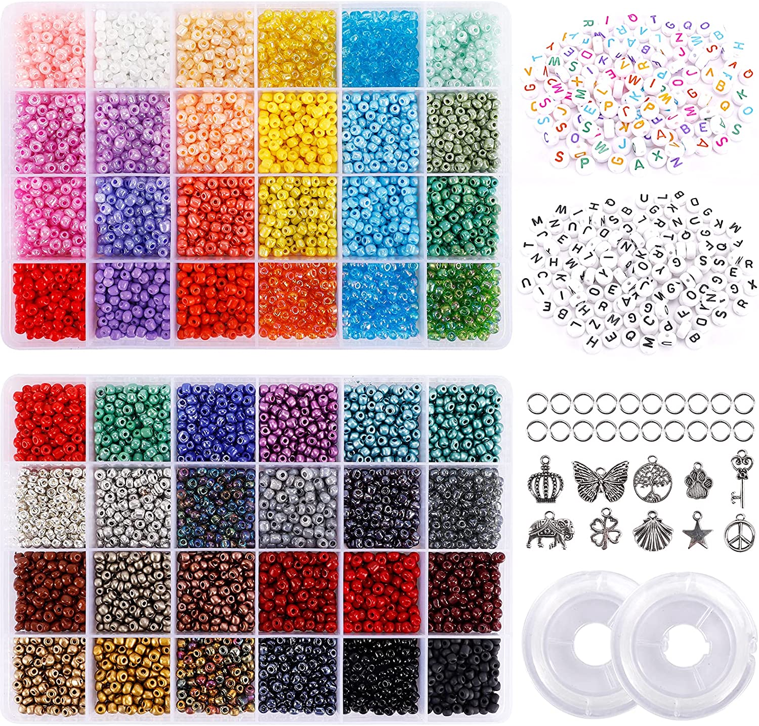 Quefe 8690pcs Glass Seed Beads 4mm 6/0 Bracelet Beads for Jewelry Making kit, Small Waist Craft Beads, 260pcs Alphabet Letter Beads with Elastic String Cords and Charms