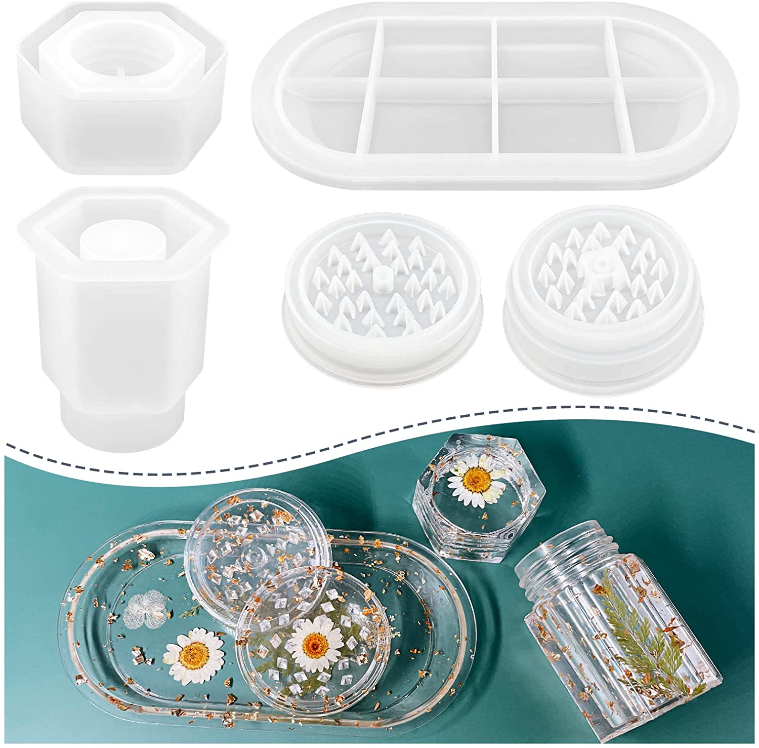 3 Pcs Silicone Resin Molds with Grinder Mold- Premium Resin Rolling Tray Mold and Resin Jar Mold with Lid Kit for Spice Grind and Storage, DIY Resin Epoxy Casting Craft