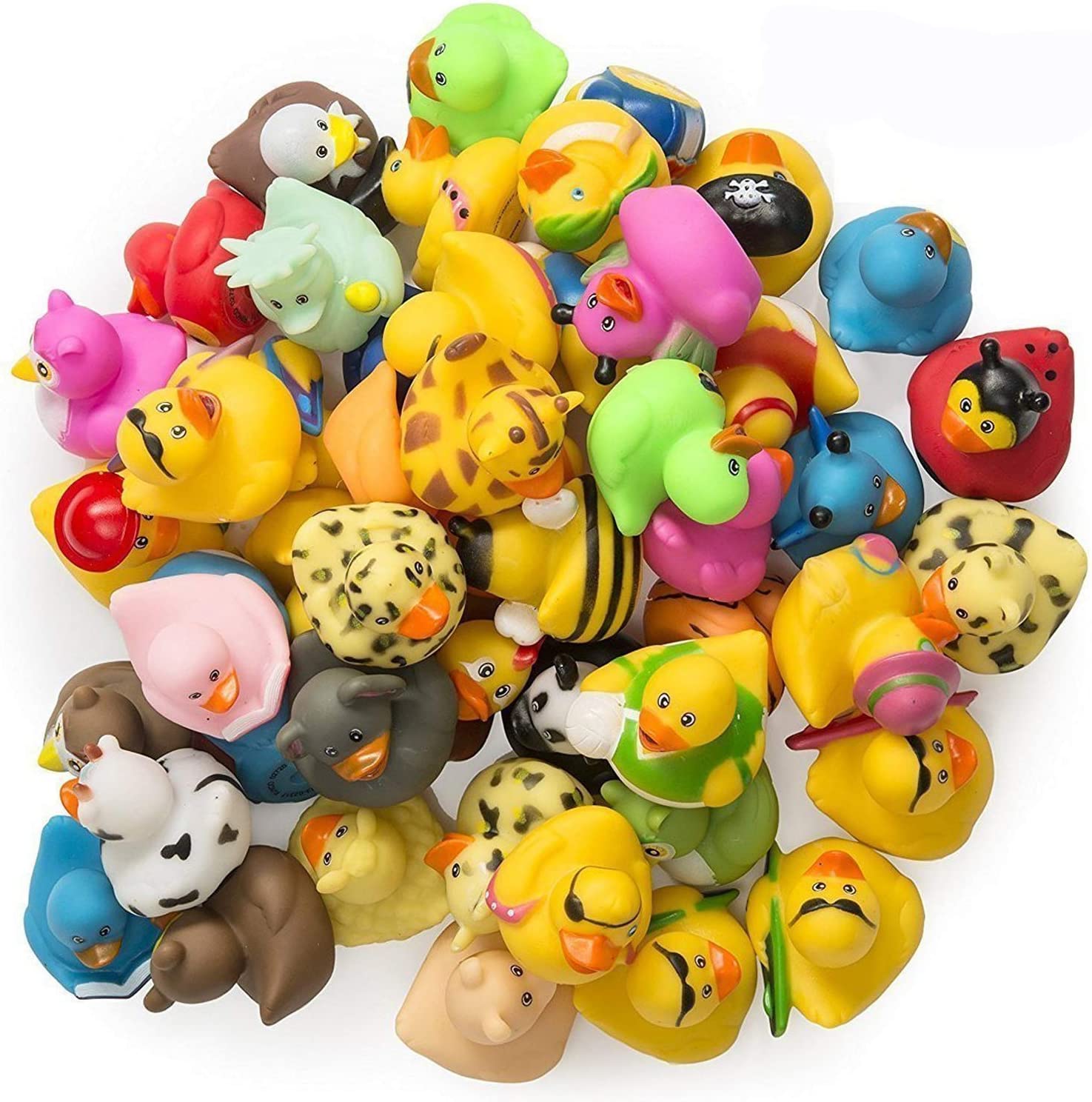 Kicko Assorted Rubber Ducks - 50 Pack - 2 Inches - for Kids, Sensory Play, Stress Relief, Novelty, Stocking Stuffers, Classroom Prizes, Decorations, Supplies, Holidays, Pinata Filler, and Rewards