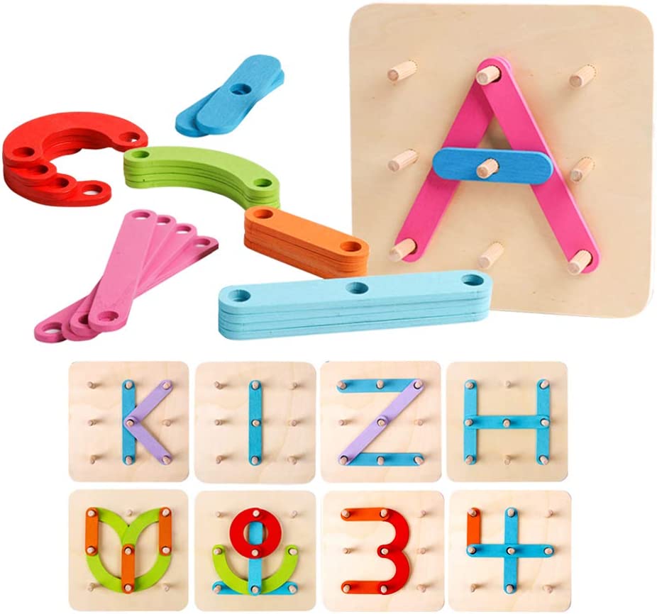 Kizh Wooden Letter and Number Construction Activity Set Educational Preschool Toys Shape Color Recognition Pegboard Sorter Set Board Blocks Stack Sort for Toddler Kids Boys Girls Non-Toxic Toy