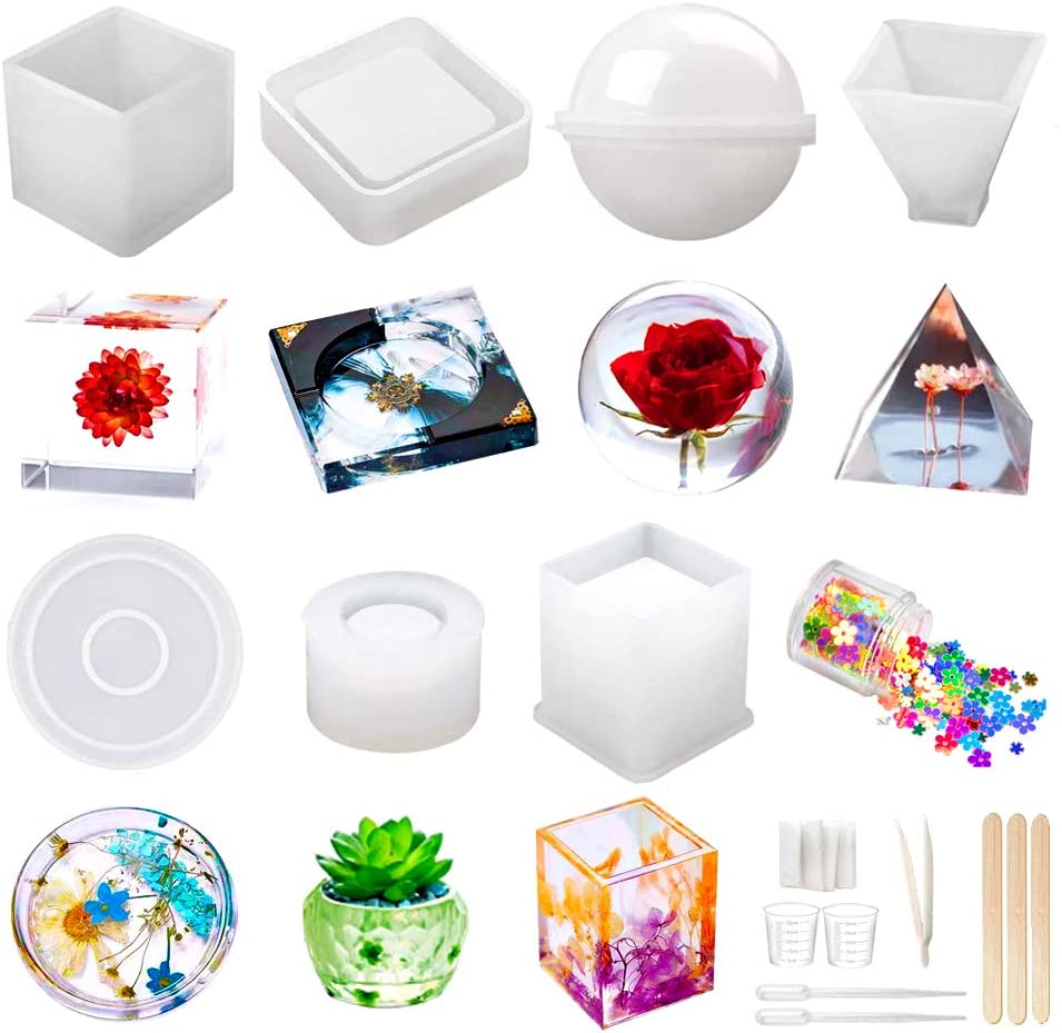 Resin Molds Silicone Kit 20Pcs,Epoxy Resin Molds Including Sphere,Cube,Pyramid,Square,Round, Used for Create Art,DIY,Ashtrays,Coasters,Candles.Bonus Decorative Sequins and The Complete Set Tools