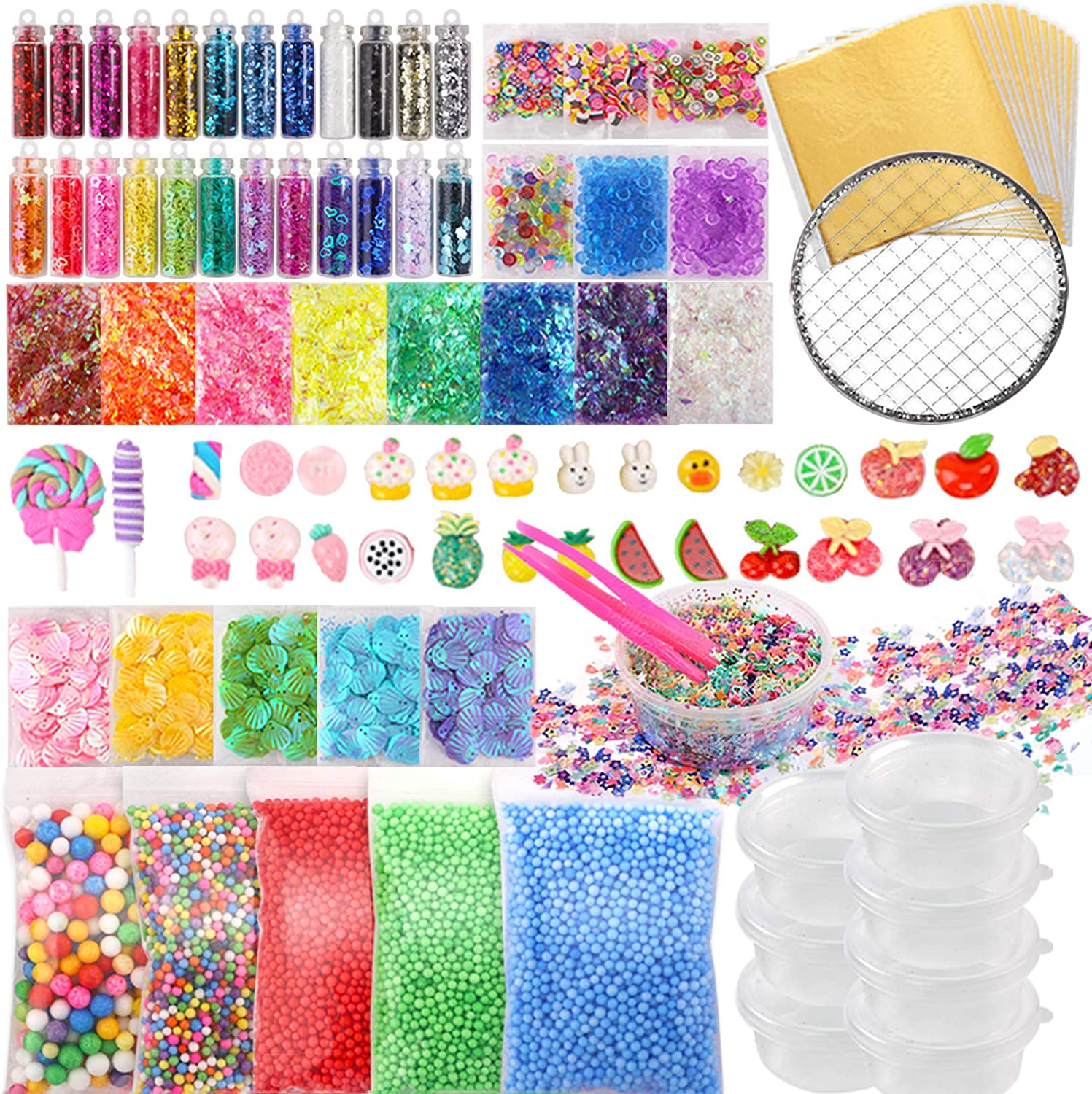 110pcs Slime Making Supplies Kit, Slime Add Ins, Slime Accessories, Glitter, Foam Balls, Fishbowl Beads, Glitter Sequins, Shells, Candy Slime Charms, Cups for Slime Party