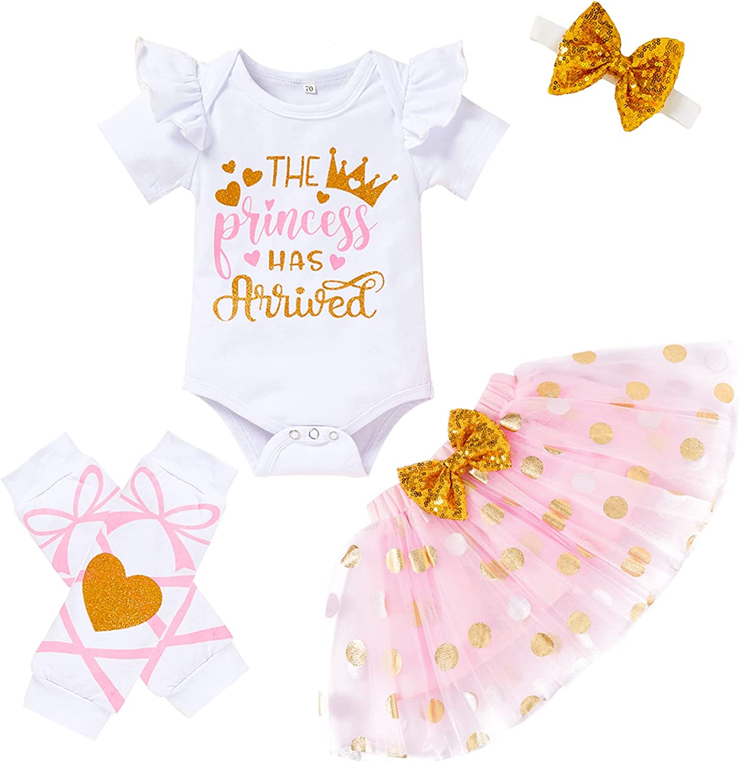 Newborn Baby Girl Outfits Infant Letter Print Romper+Tutu Skirt+Headband+Legging Warmer Coming Home Clothes Set
