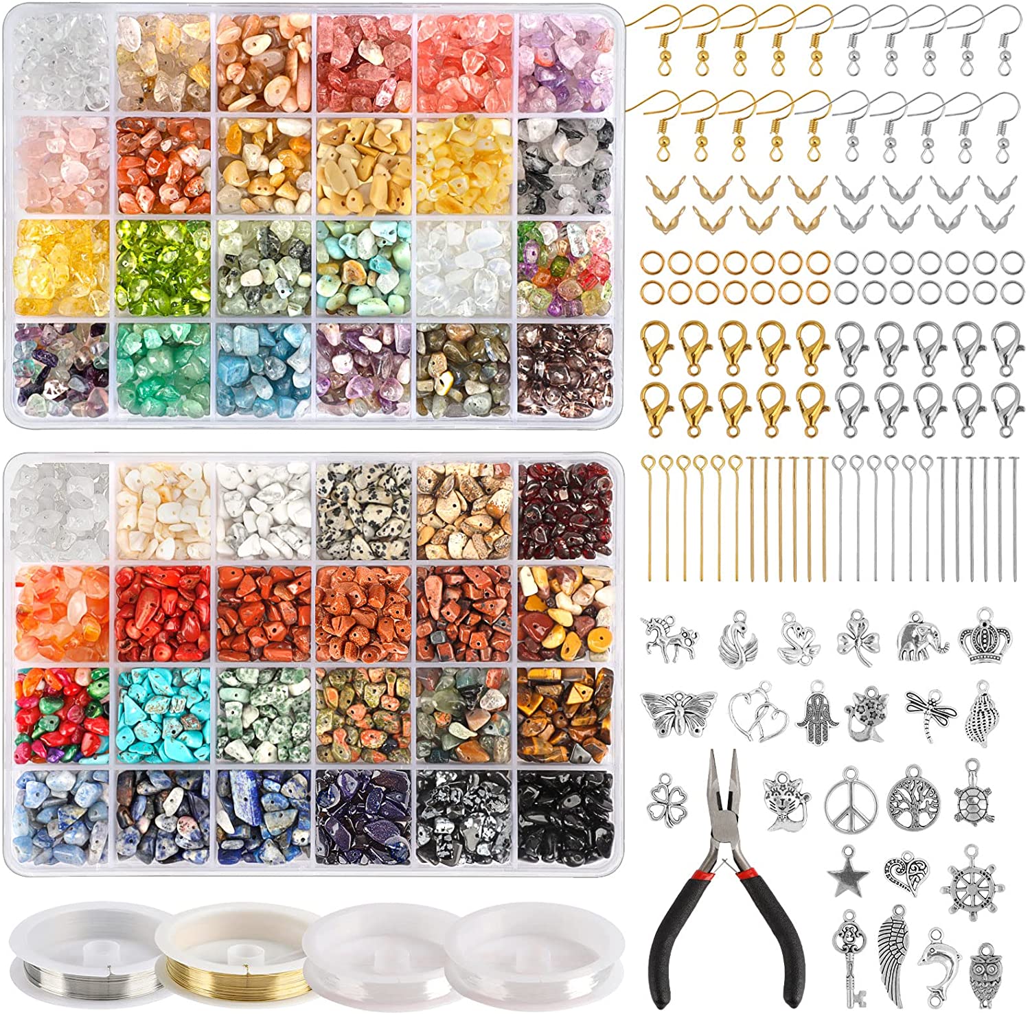 Quefe Ring Making Kit 2360pcs 48 Colors Crystals Beads for Jewelry Making Kits Gemstone Chip Beads Irregular Nataral Stone with Jewelry Making Supplies for DIY Craft Necklace Bracelet Earrings