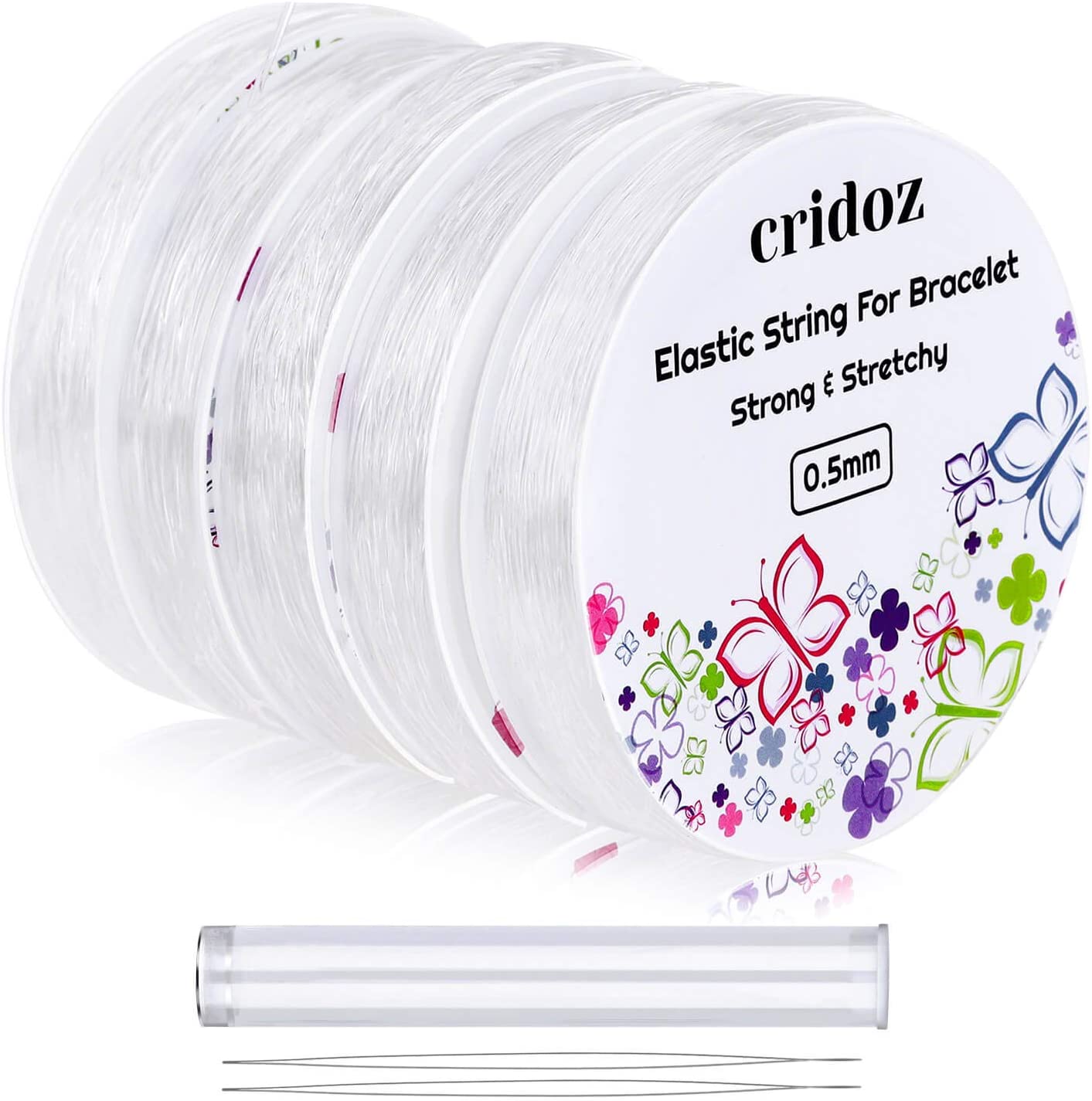 Stretchy String for Bracelets, Cridoz 5 Rolls Clear Elastic String Stretch Cord Jewelry Bead Bracelet String with 2 Pcs Beading Needles for Seed Beads, Pony Beads, Bracelets and Jewelry Making (Assort