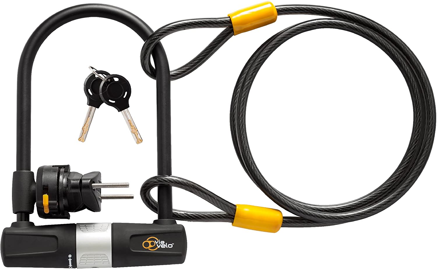 Bike U Lock with Cable - Via Velo Bike Lock Heavy Duty Bicycle U-Lock,14mm Shackle and 10mm x1.8m Cable with Mounting Bracket for Road Bike Mountain Bike Folding Bike