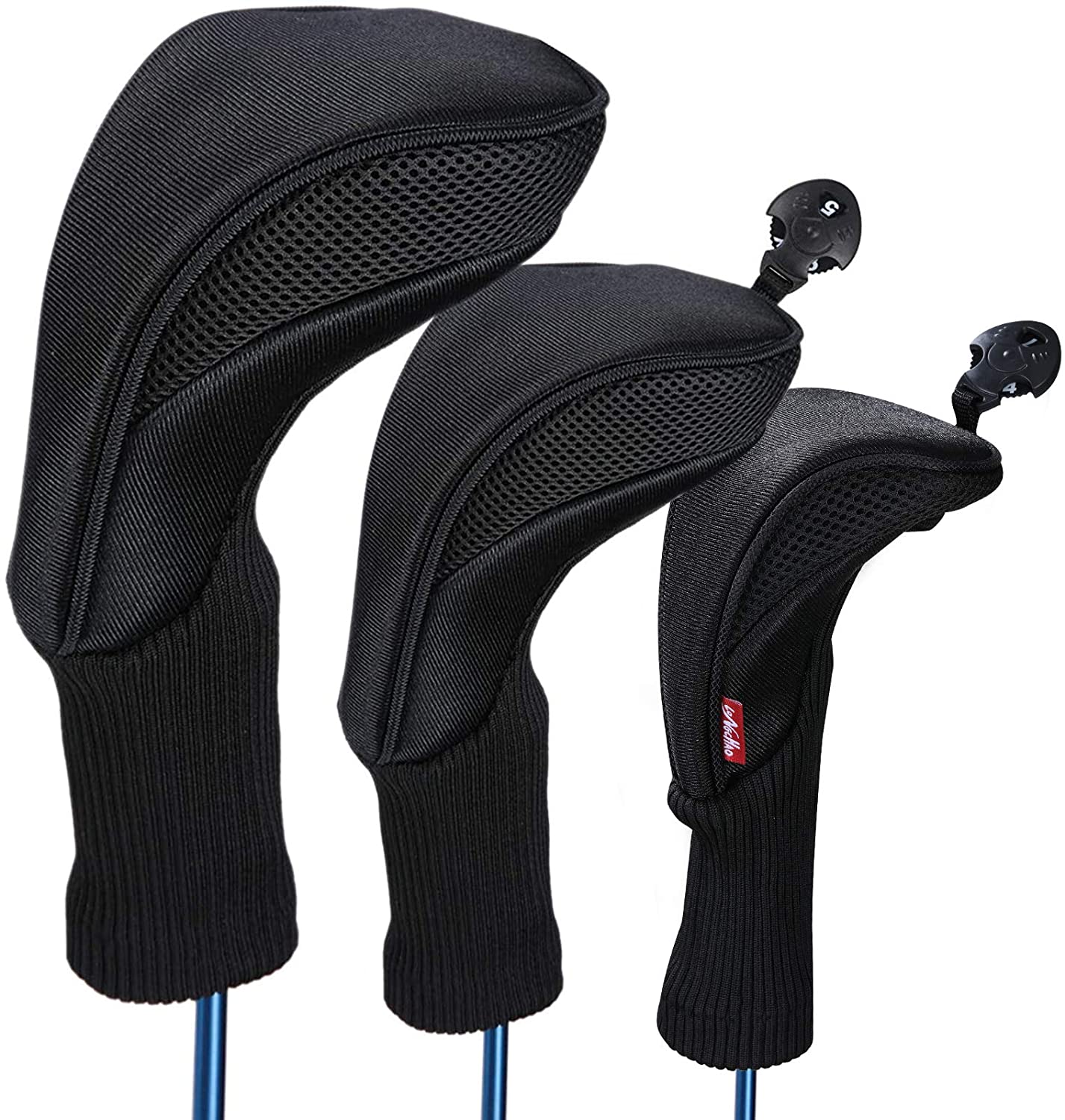 Black Golf Club Head Cover Driver 1 3 4 5 7 X Fairway Woods Headcovers, Golf Accessories Hybrid Head Covers Set with Interchangeable Tags Fits All Fairway and Driver Clubs
