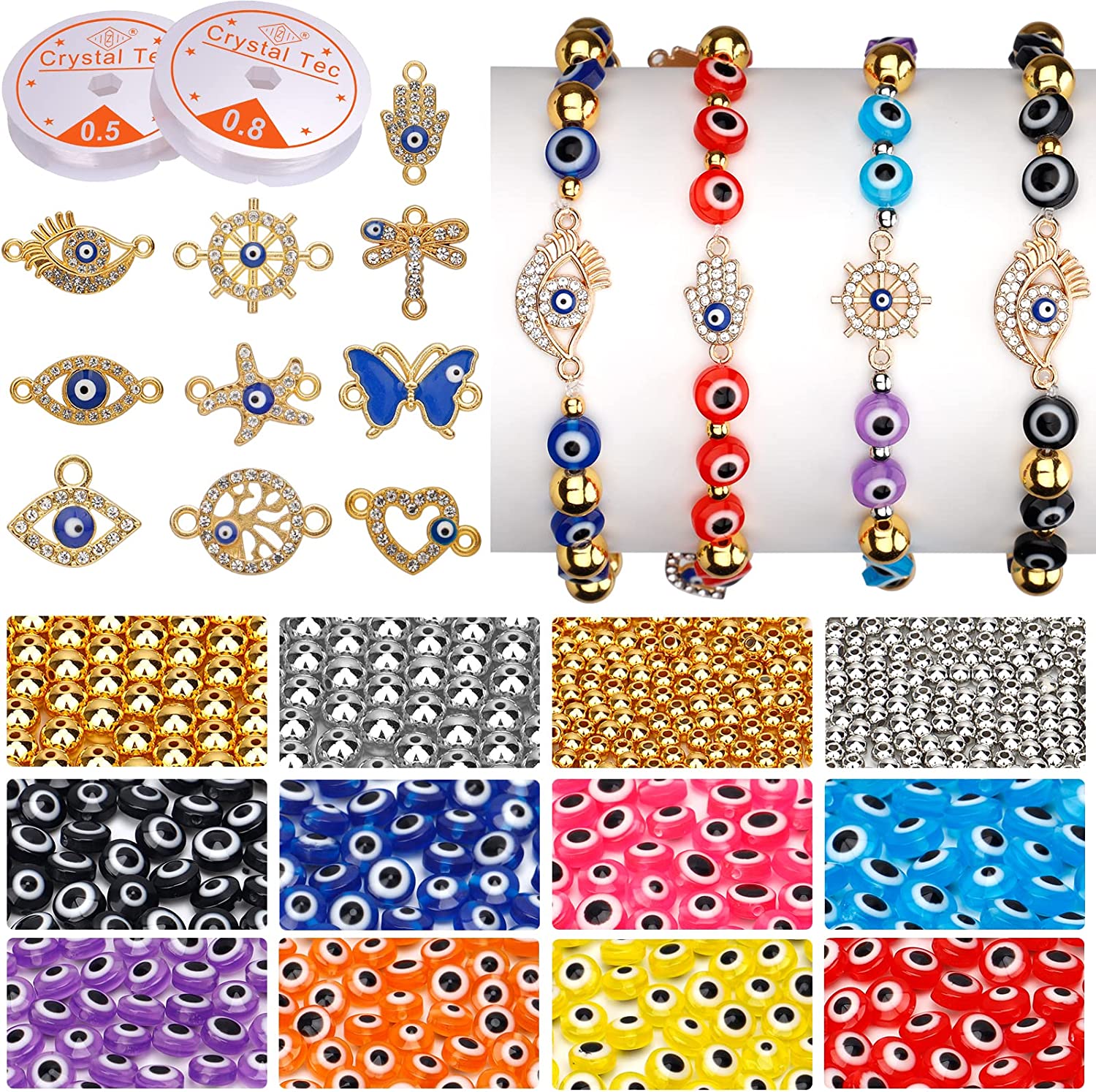 1022 PCS Evil Eye Beads for Jewelry Making, 8mm Flat Round Evil Eye Charms Colorful Evil Eye Bracelet Making Kit Easter Beads Decors for Crafts DIY Bracelet Earring Necklace Making