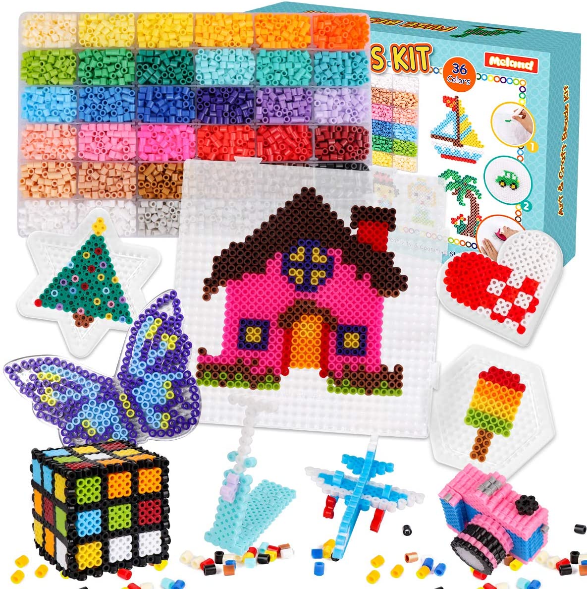 Meland Fuse Beads Kit - 11,000 pcs 36 Colors Fuse Beads Craft Set for Kids- 5MM Fuse Beads Set Including 5 Pegboards, Ironing Paper & Chain Accessories Iron Beads Christmas Birthday Gift