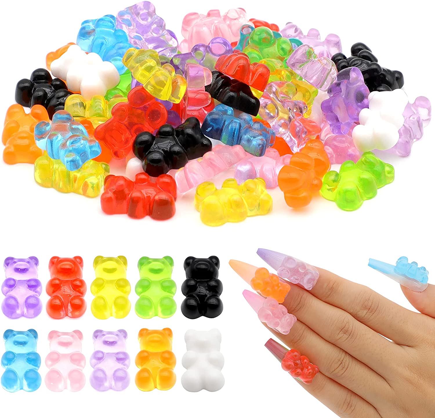 50 Pieces Nail Gummy Bear Charms, Resin Flatbacks Candy Bear Charms for Slime Nails DIY Craft Scrapbooking Phone Case Doll House Stationery Box Decoration(10 Colors)